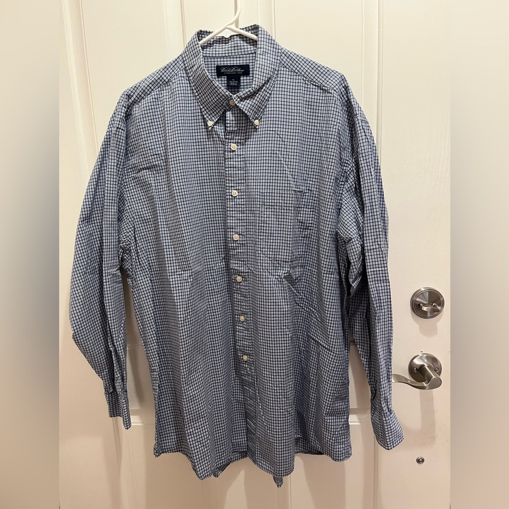 Brooks Brothers 100% Cotton Classic Fit Tattersall Blue/White Size XL